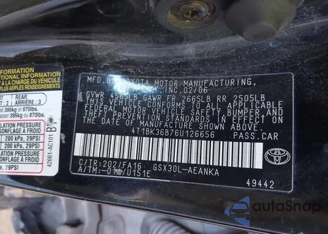 2006 Toyota Avalon Xl из США, поврежденный, VIN 4T1BK36B76U126656